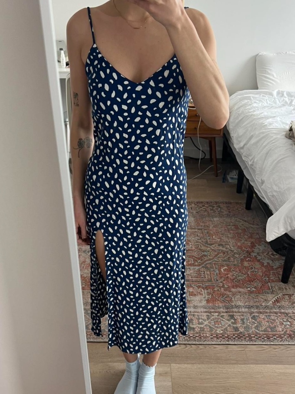 Reformation Navy Blue Printed Slip Dress with Side Slit